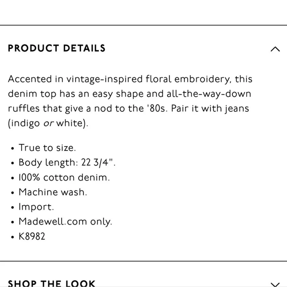 🛑 2 / $40 Sale! MADEWELL Floral Embroidered Denim Ruffle Top NWT - Picture 11 of 12